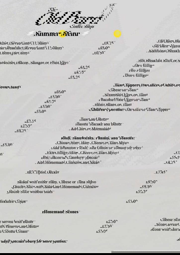 Old Barn Coffee Shop Summer Menu